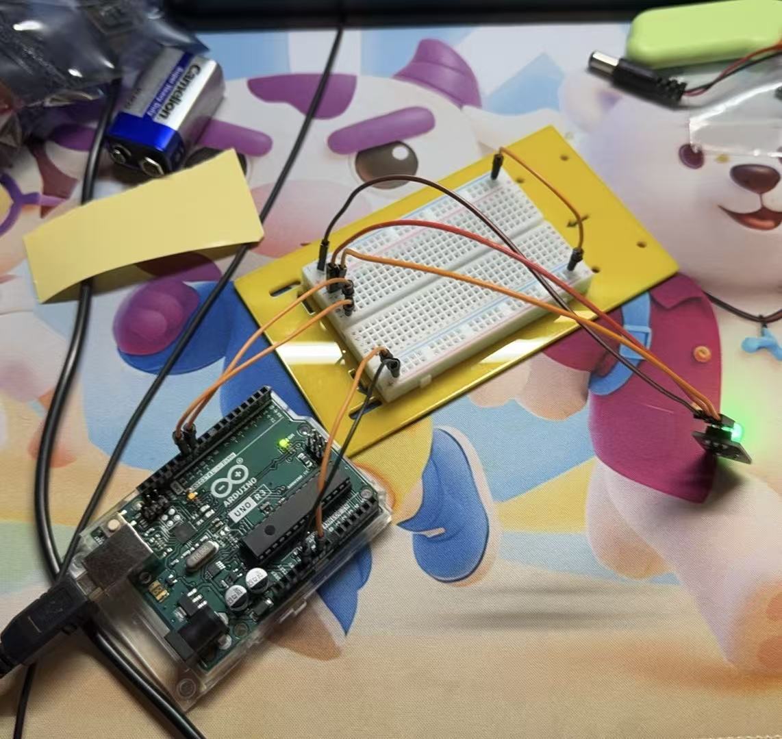 Arduino Uno connected to a breadboard and RGB LED during my first embedded systems experiment